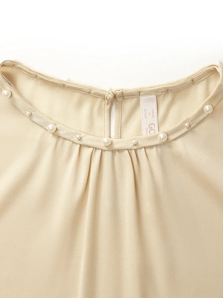 19 Momme Mulberry Silk Pearl Round Neck Ruched Women Blouse