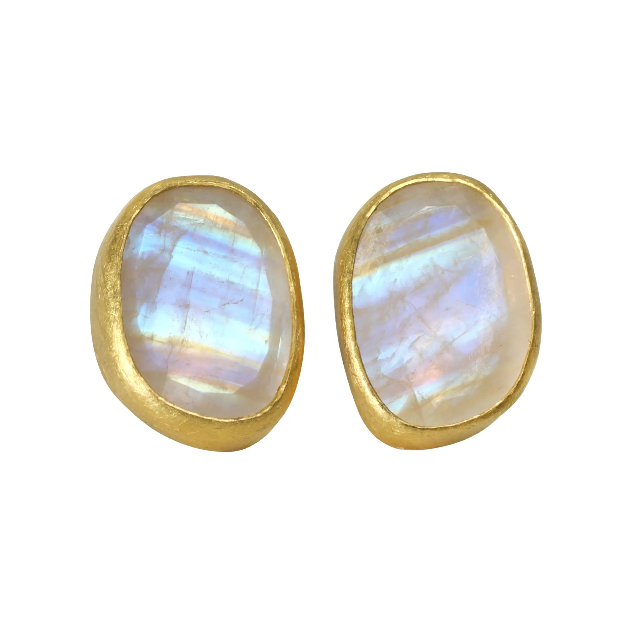 22K Gold Bezel-Set Moonstone Stud Earrings