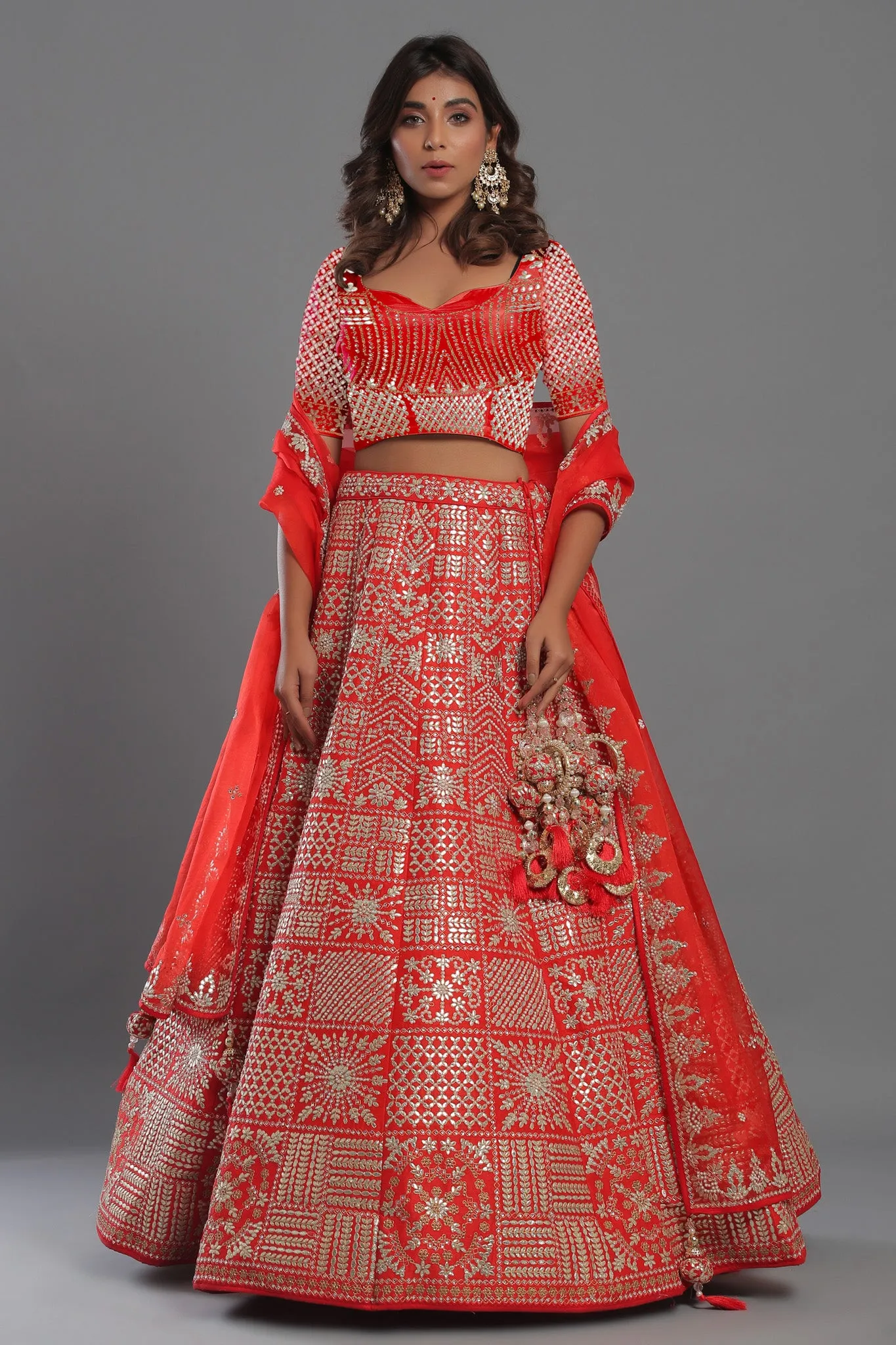 30Z223C-RO Red Silk Lehenga Set With Net Dupatta