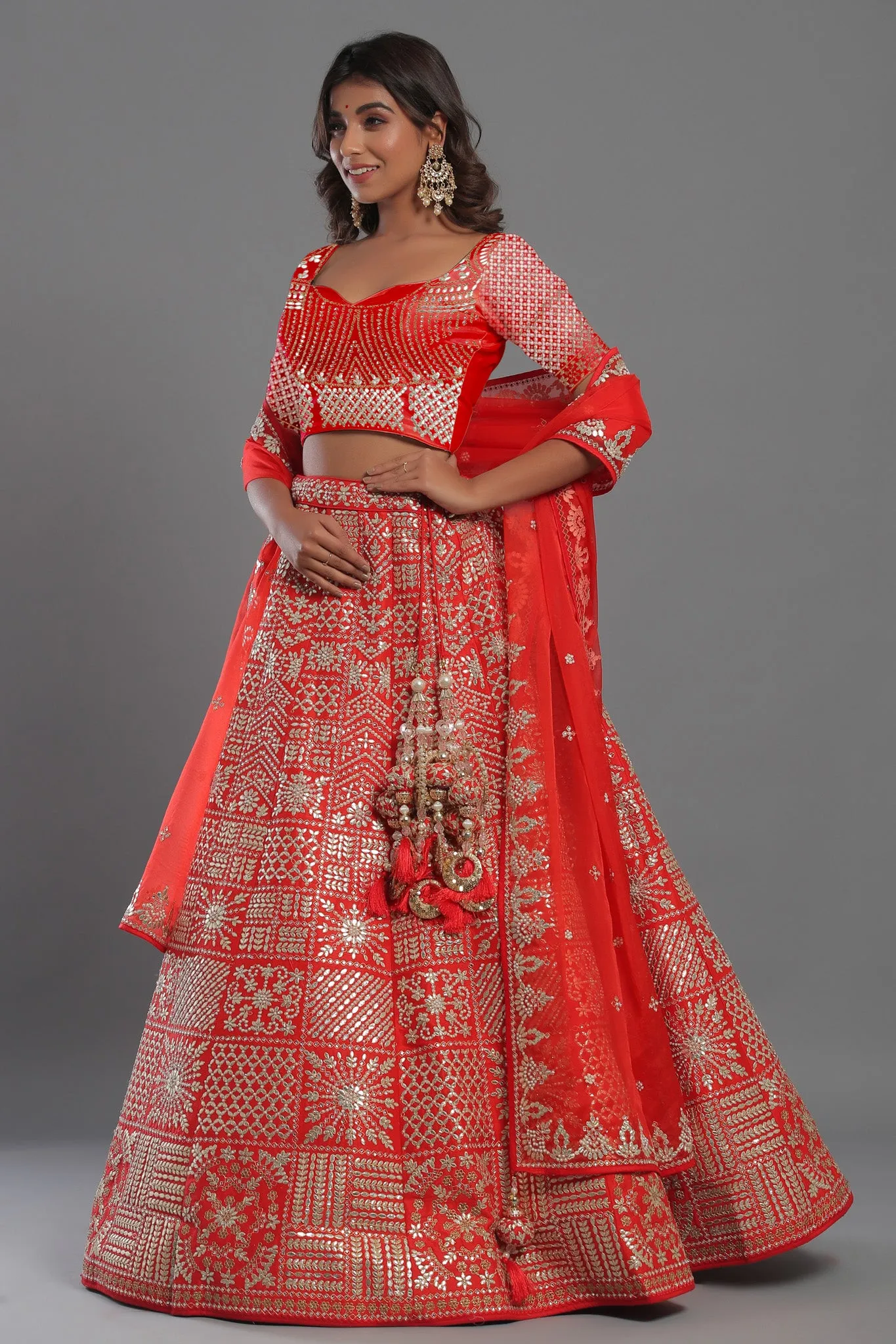 30Z223C-RO Red Silk Lehenga Set With Net Dupatta