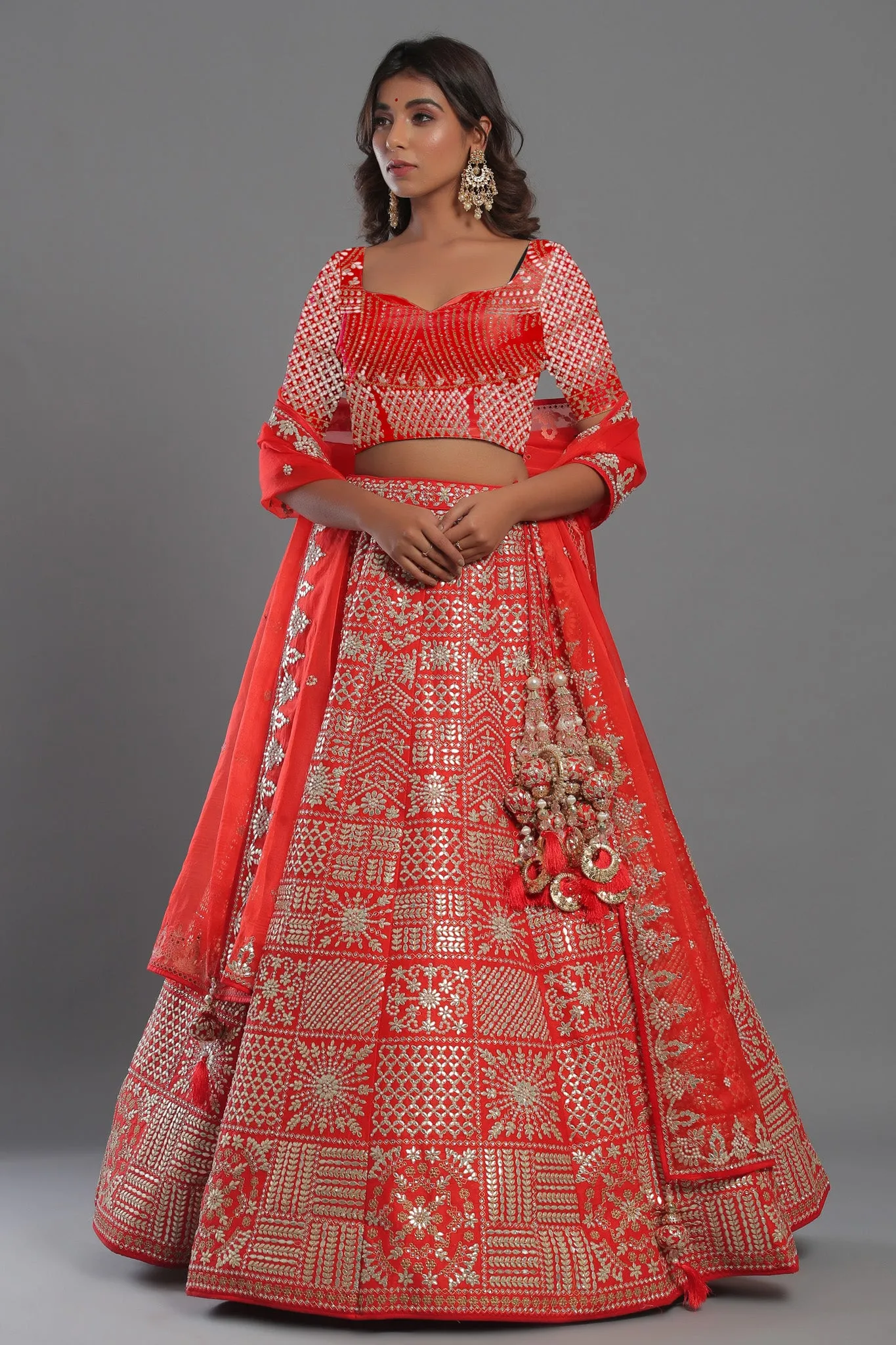 30Z223C-RO Red Silk Lehenga Set With Net Dupatta