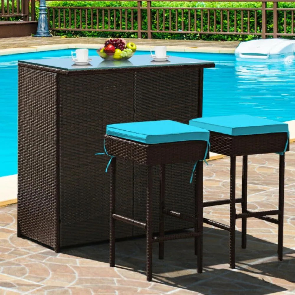 3PCS Patio Rattan Wicker Bar Table Stools Dining Set-Turquoise