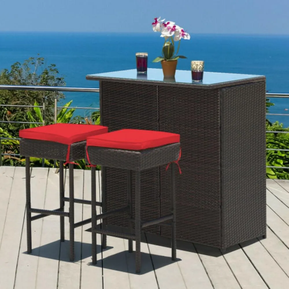 3PCS Patio Rattan Wicker Bar Table Stools Dining Set-Turquoise