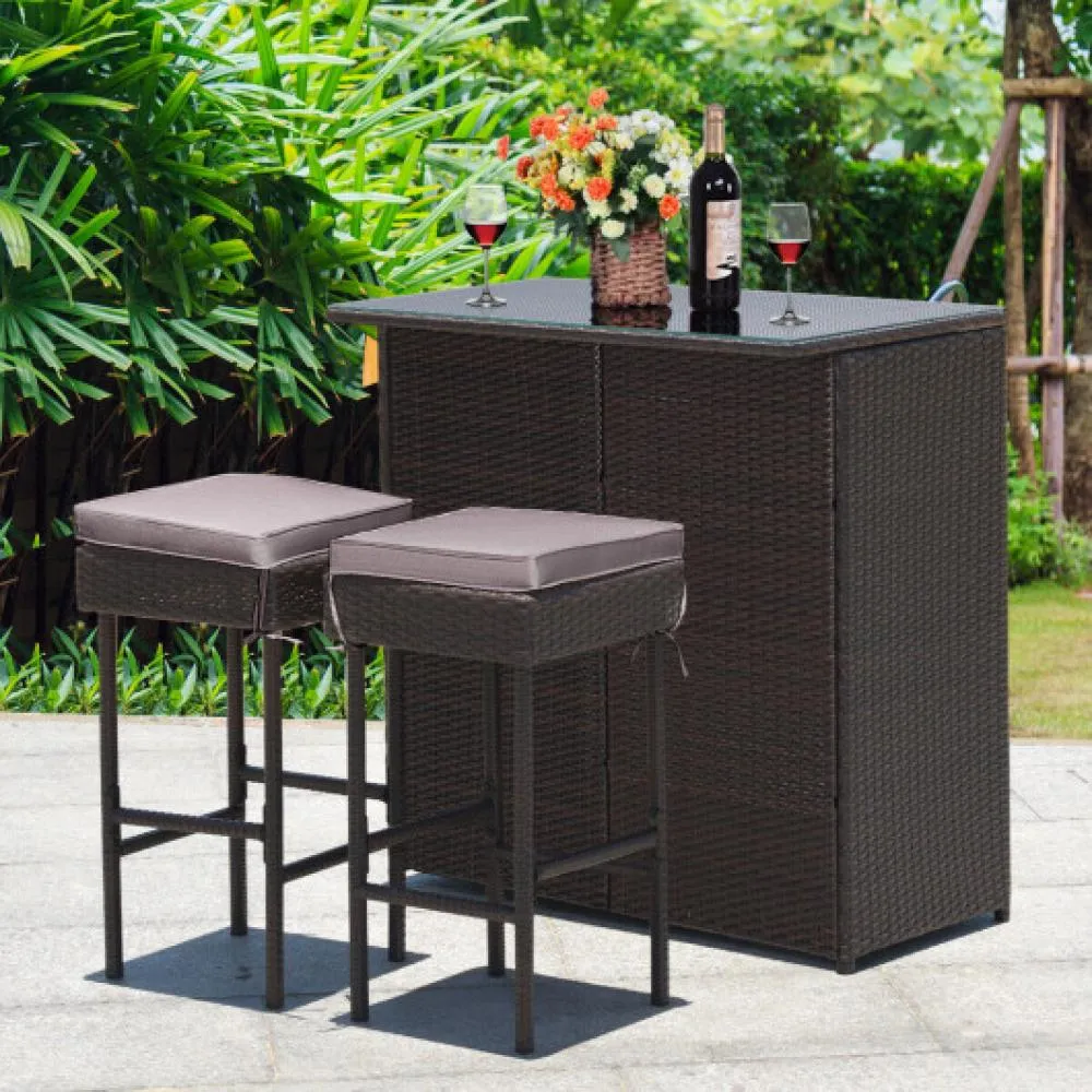 3PCS Patio Rattan Wicker Bar Table Stools Dining Set-Turquoise