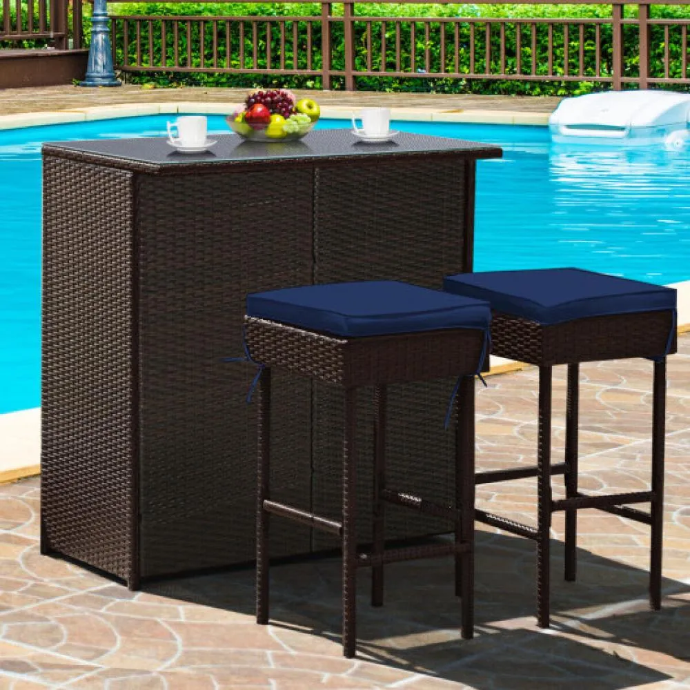 3PCS Patio Rattan Wicker Bar Table Stools Dining Set-Turquoise