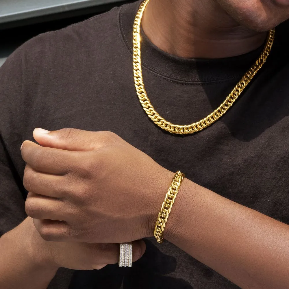 6-Sided | 10mm Miami Cuban Link Chain and Bracelet Set in 18K Gold KRKC