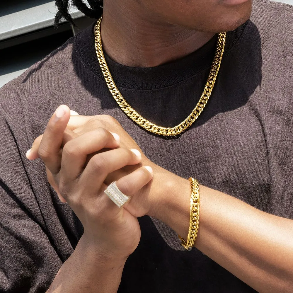 6-Sided | 10mm Miami Cuban Link Chain and Bracelet Set in 18K Gold KRKC