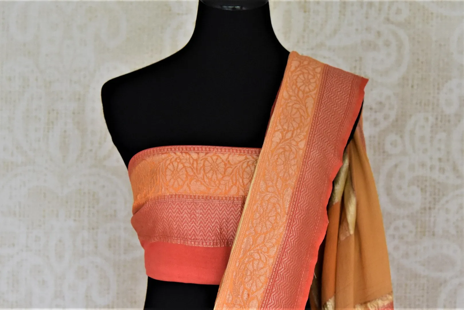 90J005-RO Orange and Pink Zari Check Georgette Banarasi Sari