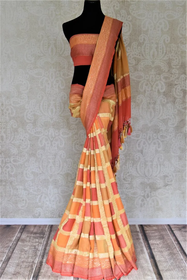 90J005-RO Orange and Pink Zari Check Georgette Banarasi Sari