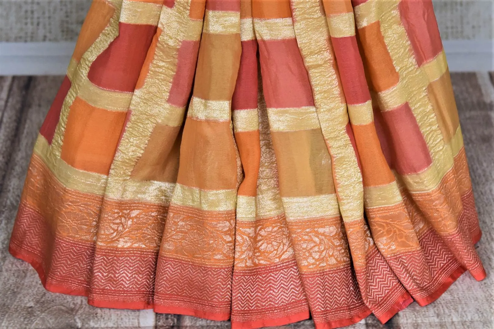 90J005-RO Orange and Pink Zari Check Georgette Banarasi Sari