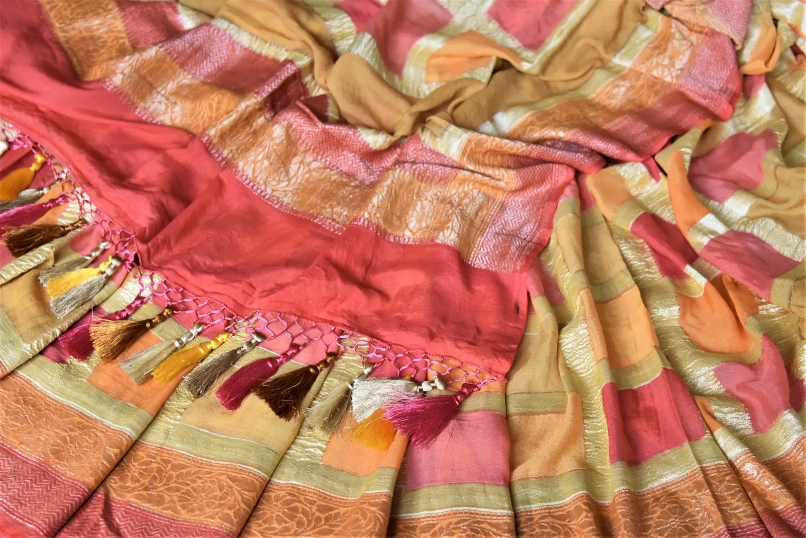 90J005-RO Orange and Pink Zari Check Georgette Banarasi Sari