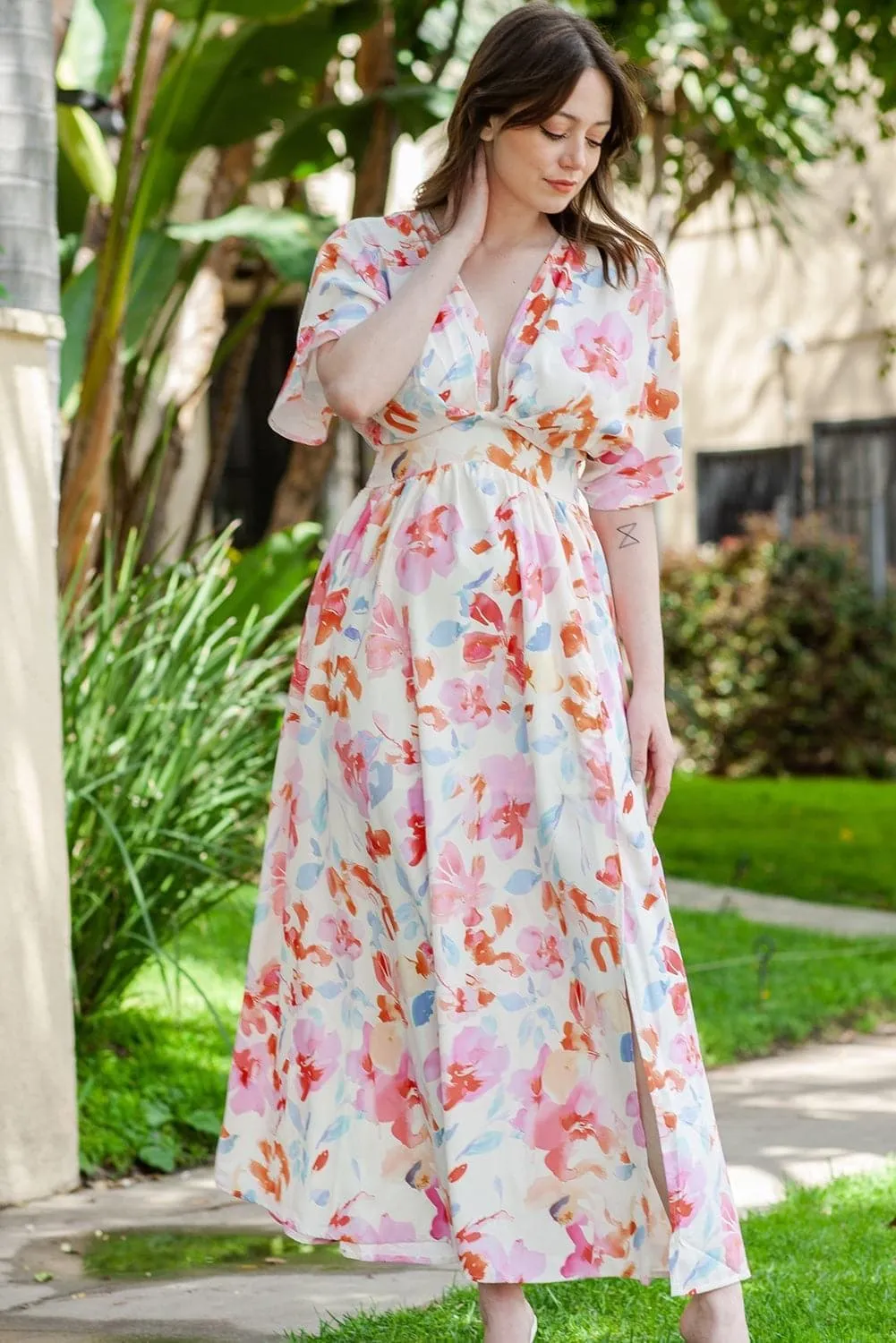 Andrea Floral Deep V Slit Maxi Dress