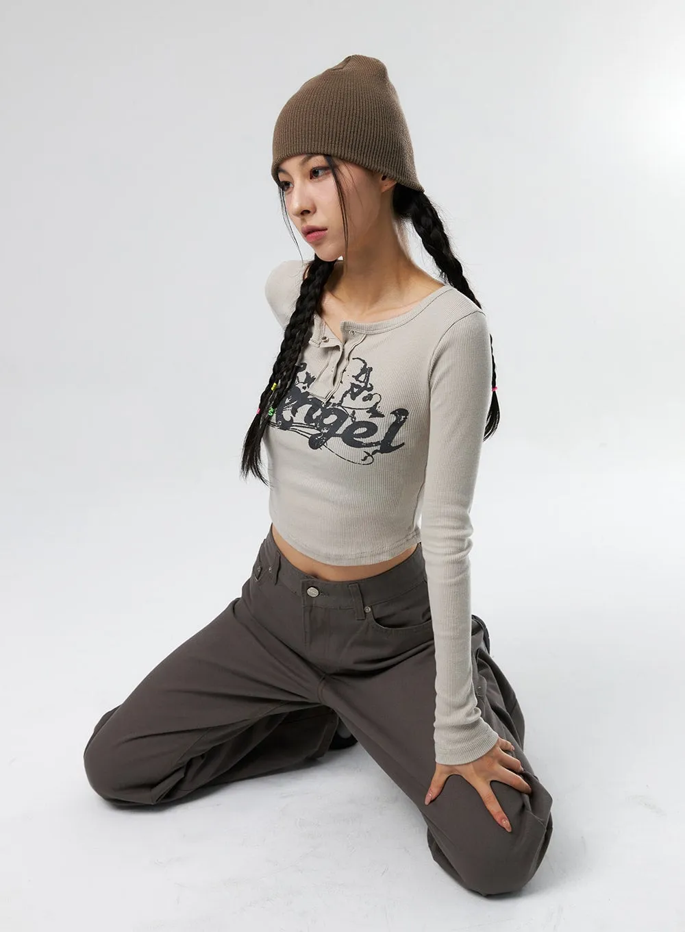 Angle Button Snap Crop Tee IS327