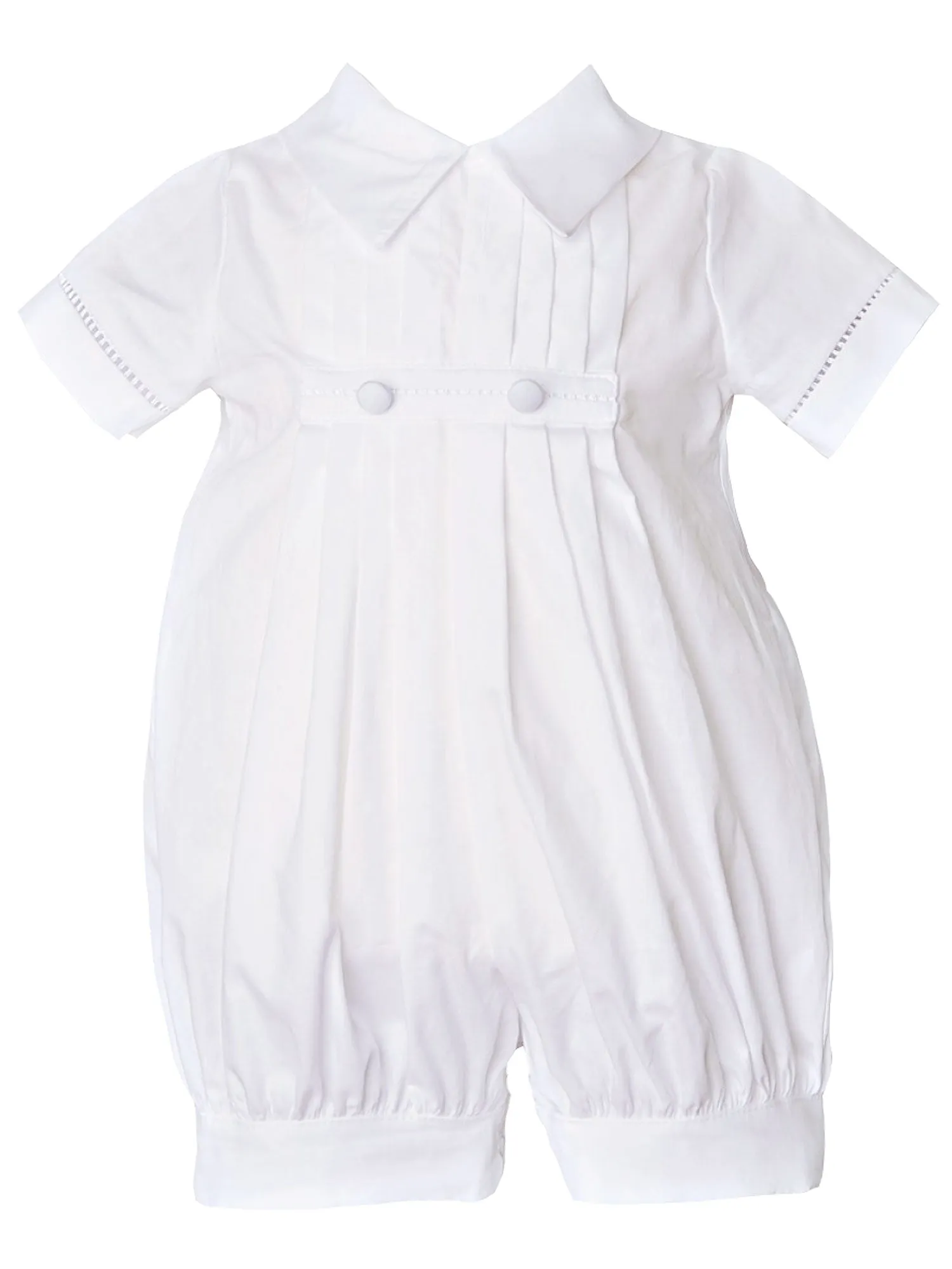 Baby Boys White Pleated Short Sleeve Button Baptism Romper Hat Set Newborn-24M