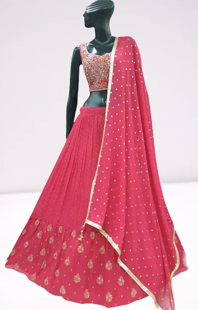 Carrot Pink colored Printed designer Lehenga Set - Rent