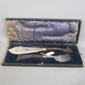 Cased Silver Plated & Horn Handled Fish Cutlery Set Antique Edwardian c1910