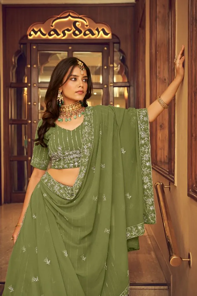 Charming Green Embroidery Faux Georgette Lehenga - Rent