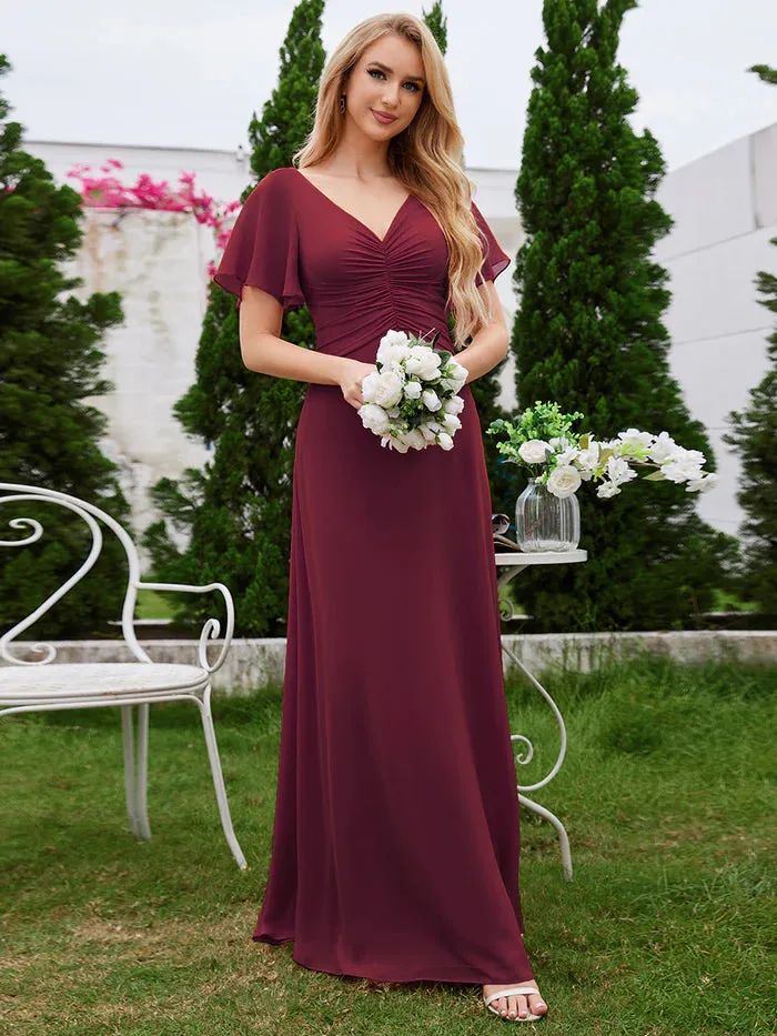 Chiffon Pleated Bridesmaid Dress with Ruffle Short Sleeves