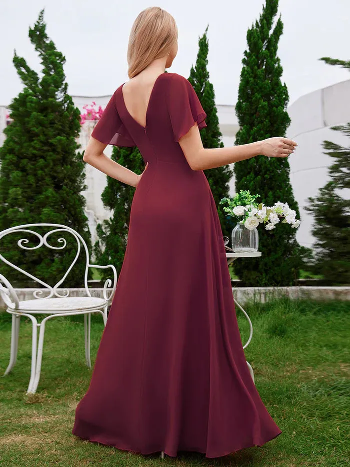 Chiffon Pleated Bridesmaid Dress with Ruffle Short Sleeves