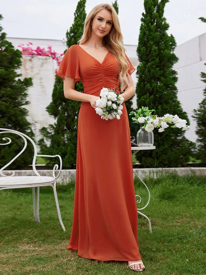 Chiffon Pleated Bridesmaid Dress with Ruffle Short Sleeves