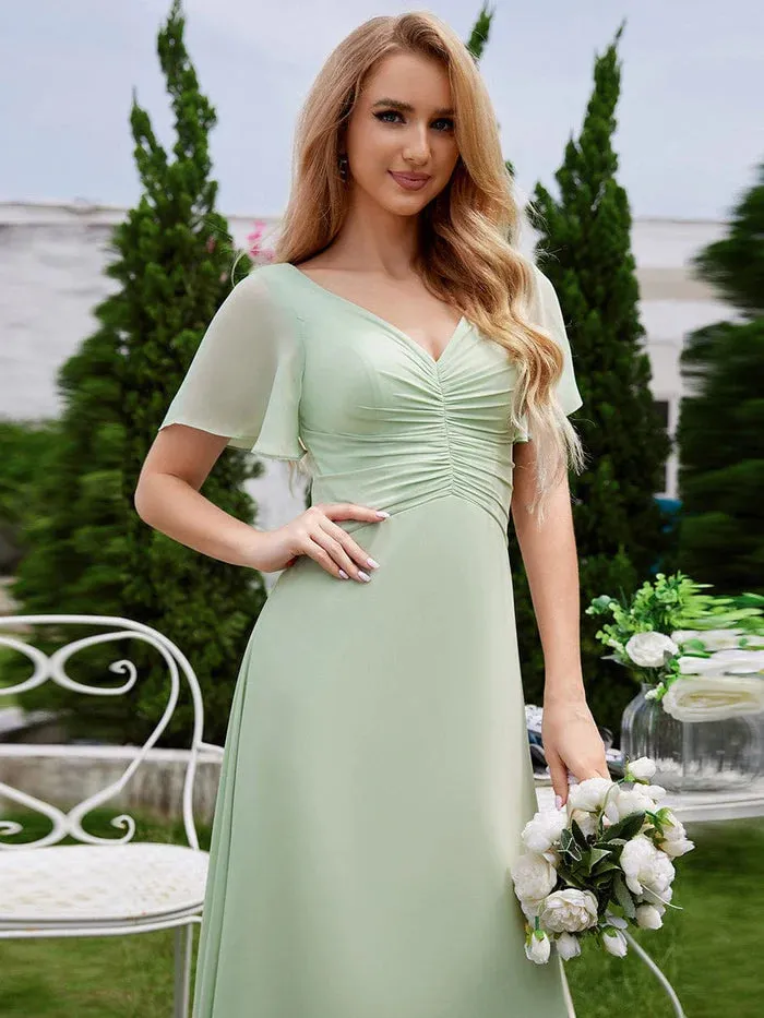 Chiffon Pleated Bridesmaid Dress with Ruffle Short Sleeves