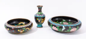 Chinese Cloisonne Enamel Vase & Center Bowls, Set of 3