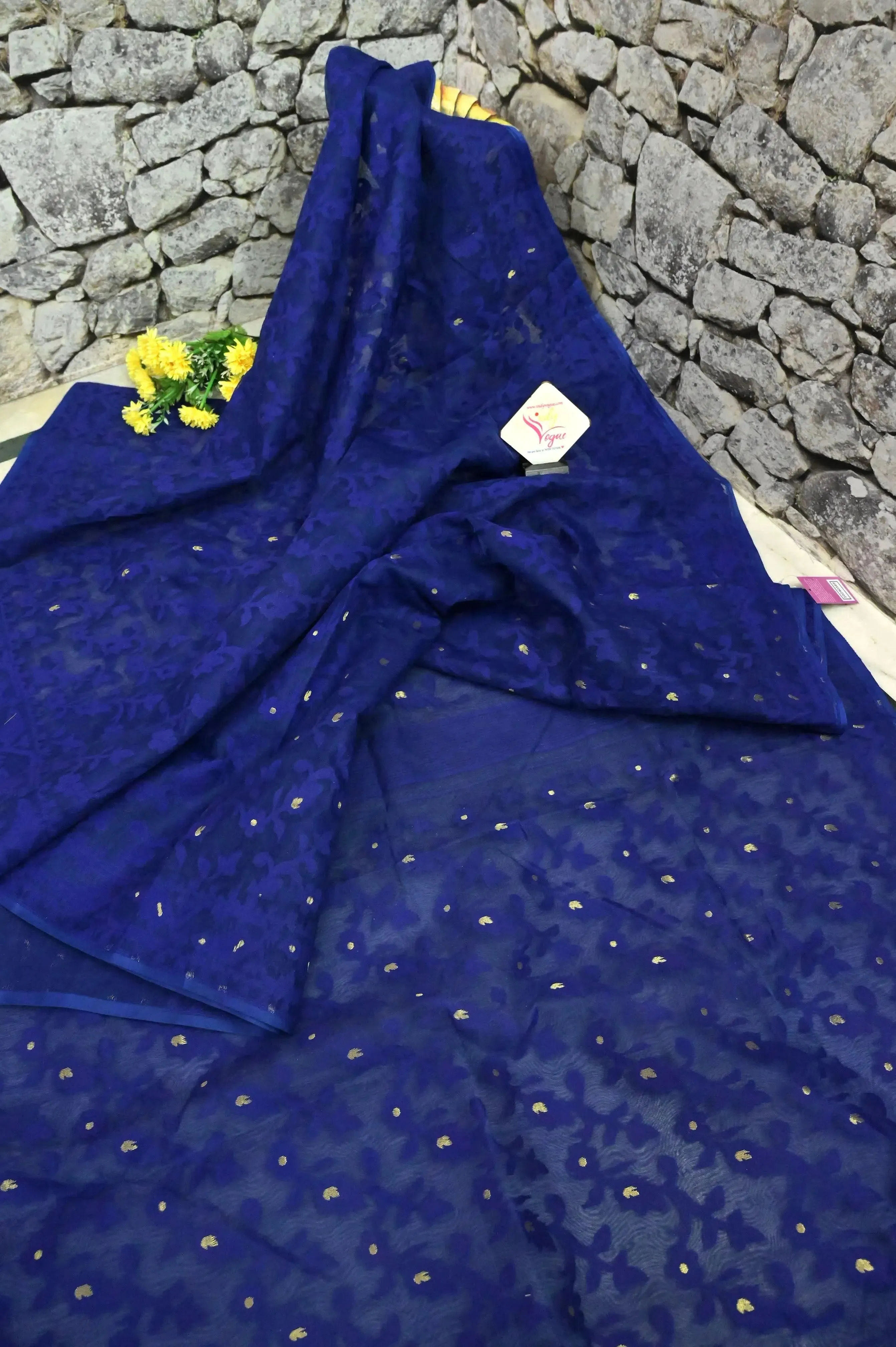 Dark Blue Color Jamdani Saree with Self Weaving