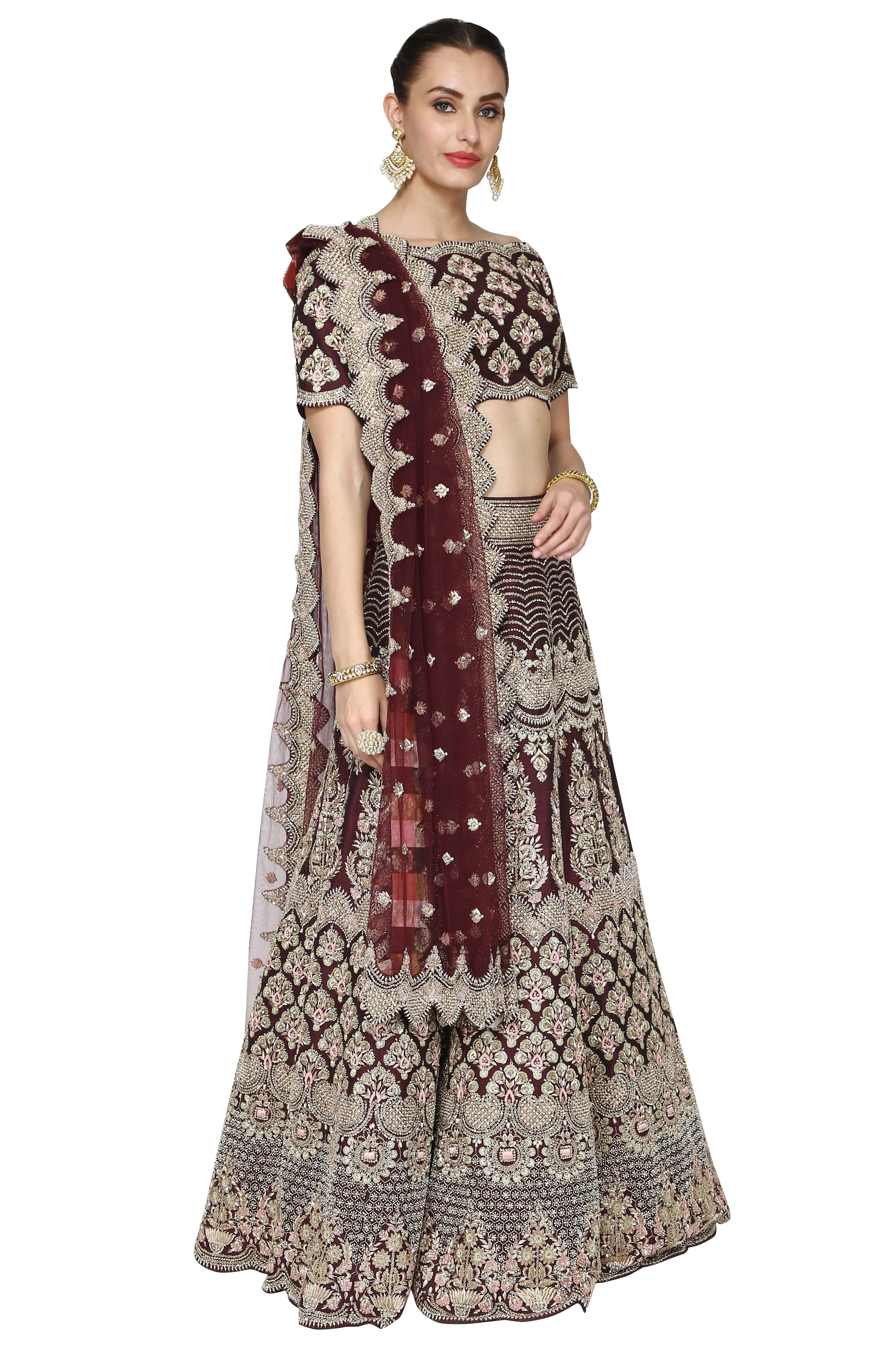 Dark brown lehenga set.