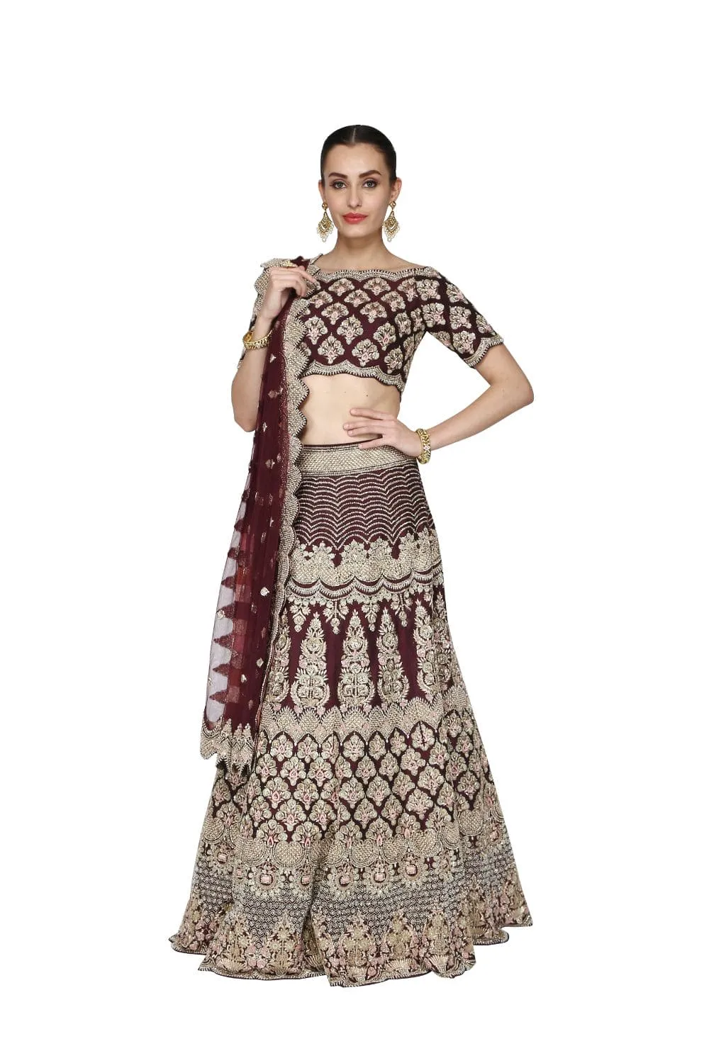 Dark brown lehenga set.