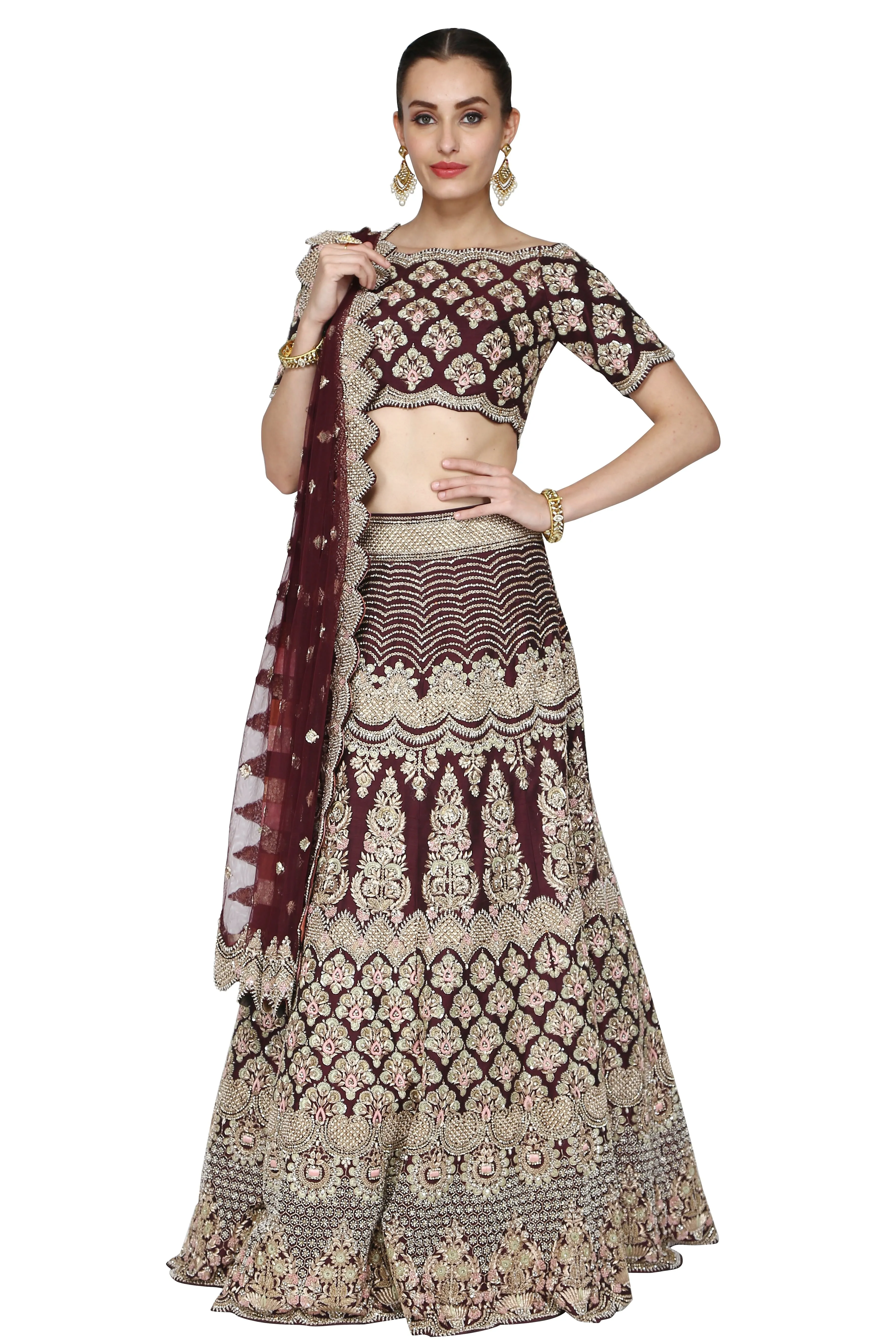 Dark brown lehenga set.