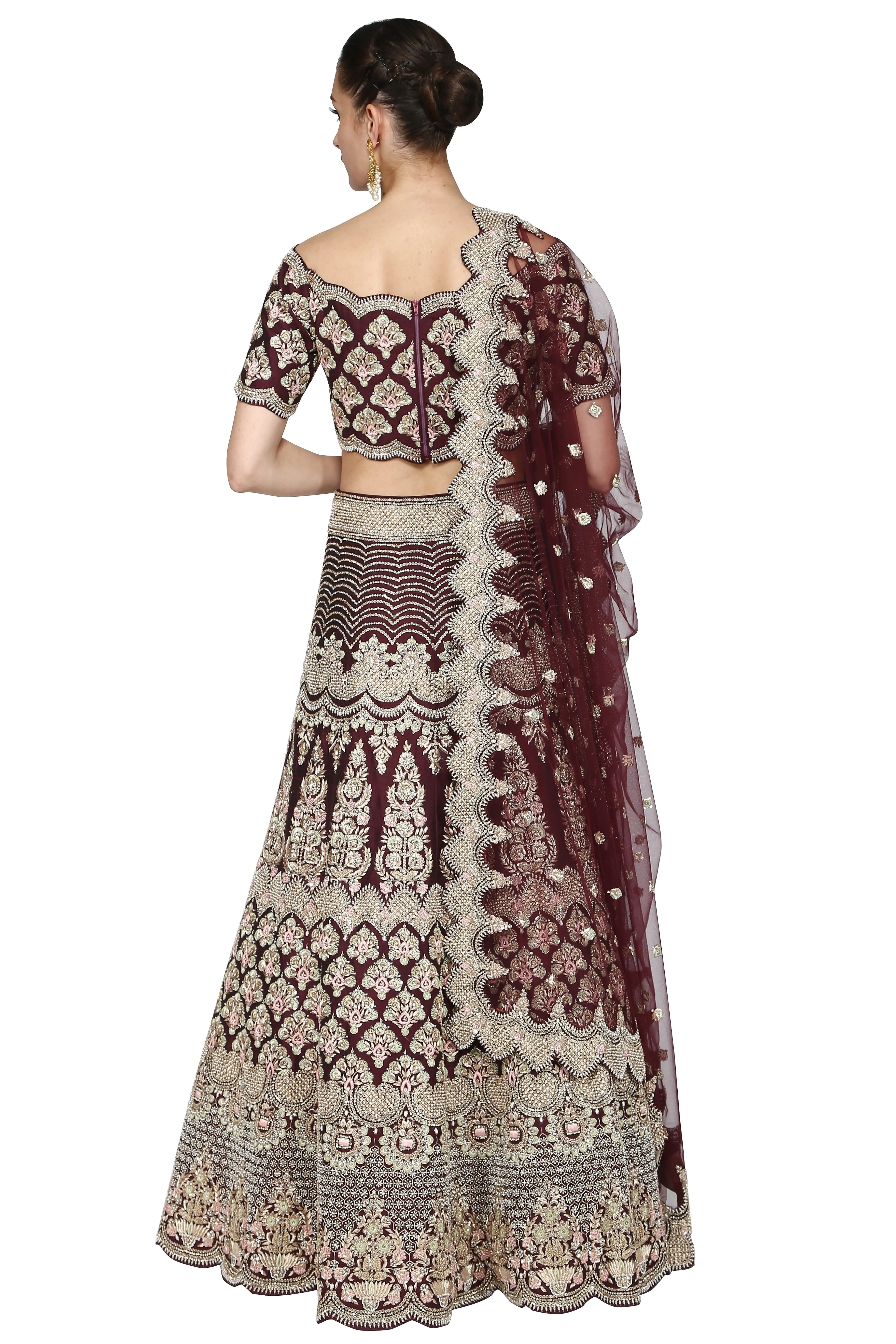 Dark brown lehenga set.