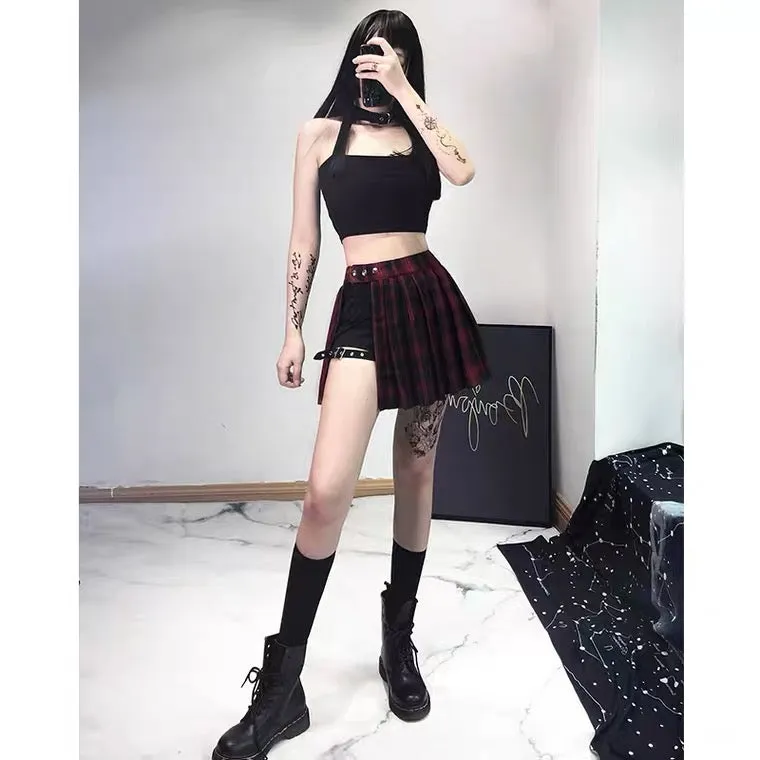 DARK RED PLAID PLEATED IRREGULAR LEG LOOPS SKIRT BY80108