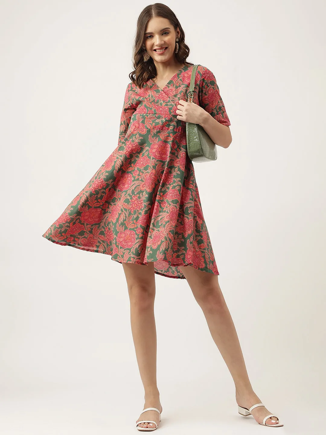 Divena Grey Pink Floral Printed Cotton Fit & Flare Mini Dress