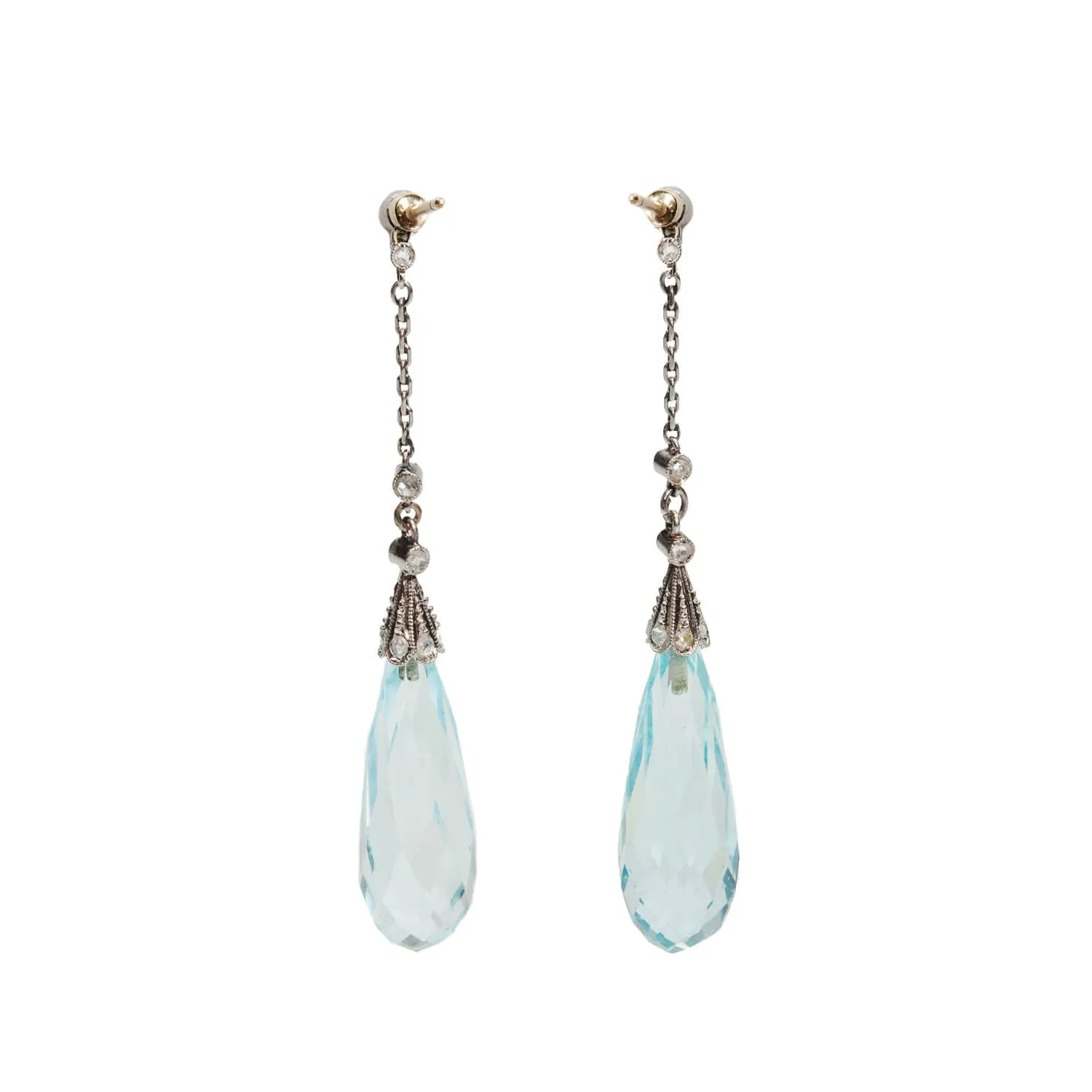 Edwardian Platinum/14kt Aquamarine   Diamond Dangle Earrings