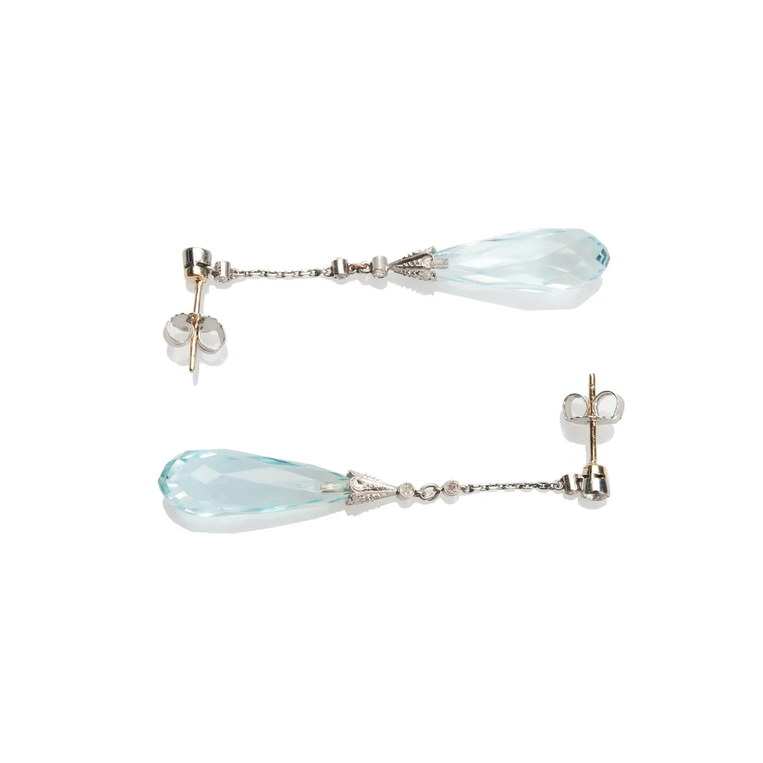 Edwardian Platinum/14kt Aquamarine   Diamond Dangle Earrings