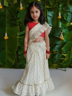 Girls Ruffle Saree-Cream