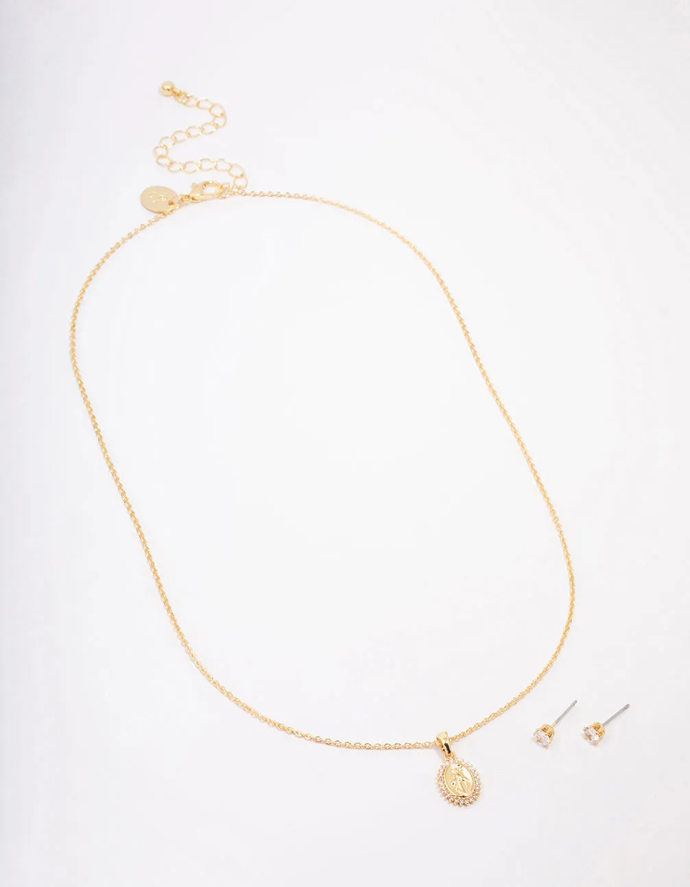 Gold Plated Crystal Coin Pendant Necklace & Stud Earring Set