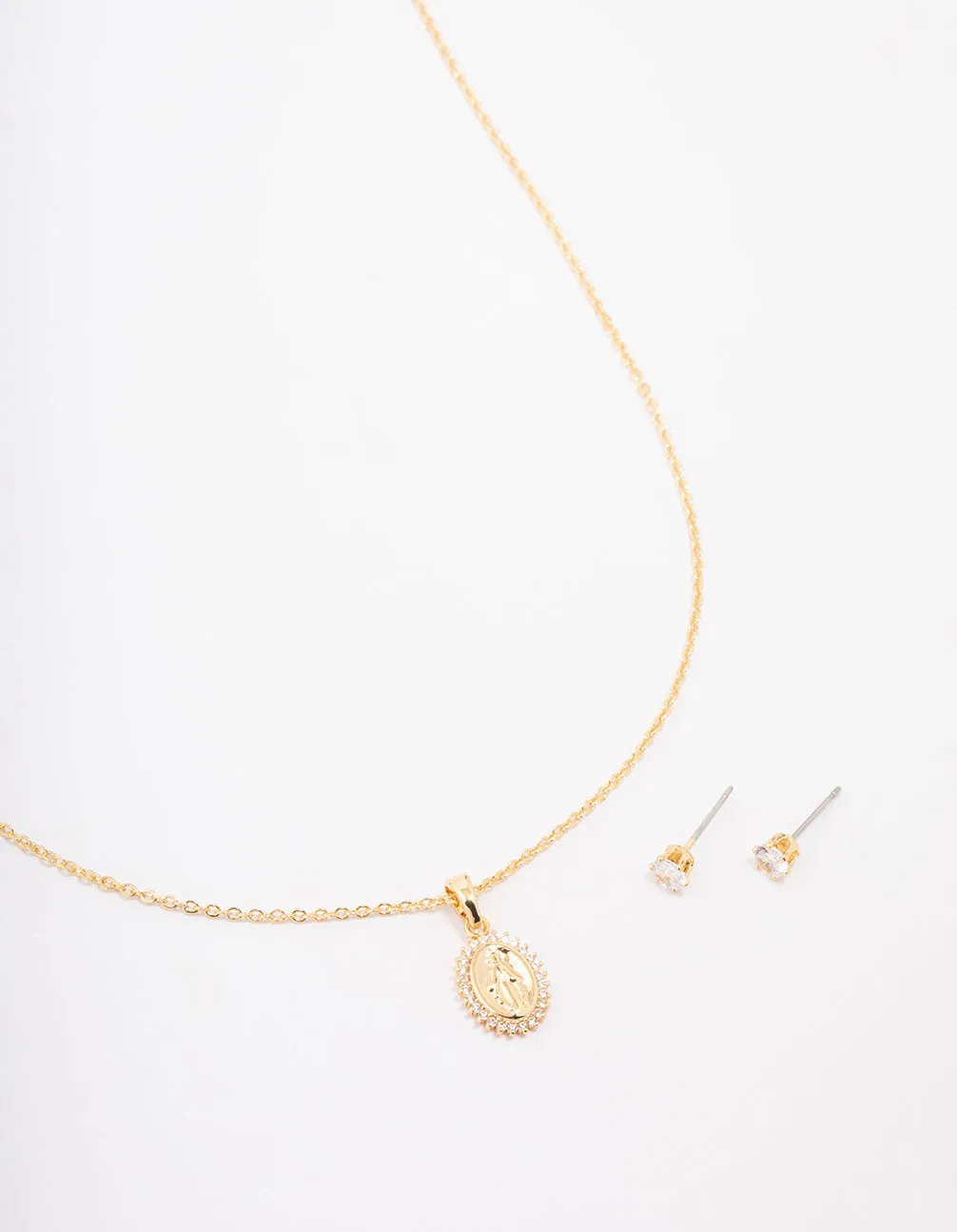 Gold Plated Crystal Coin Pendant Necklace & Stud Earring Set