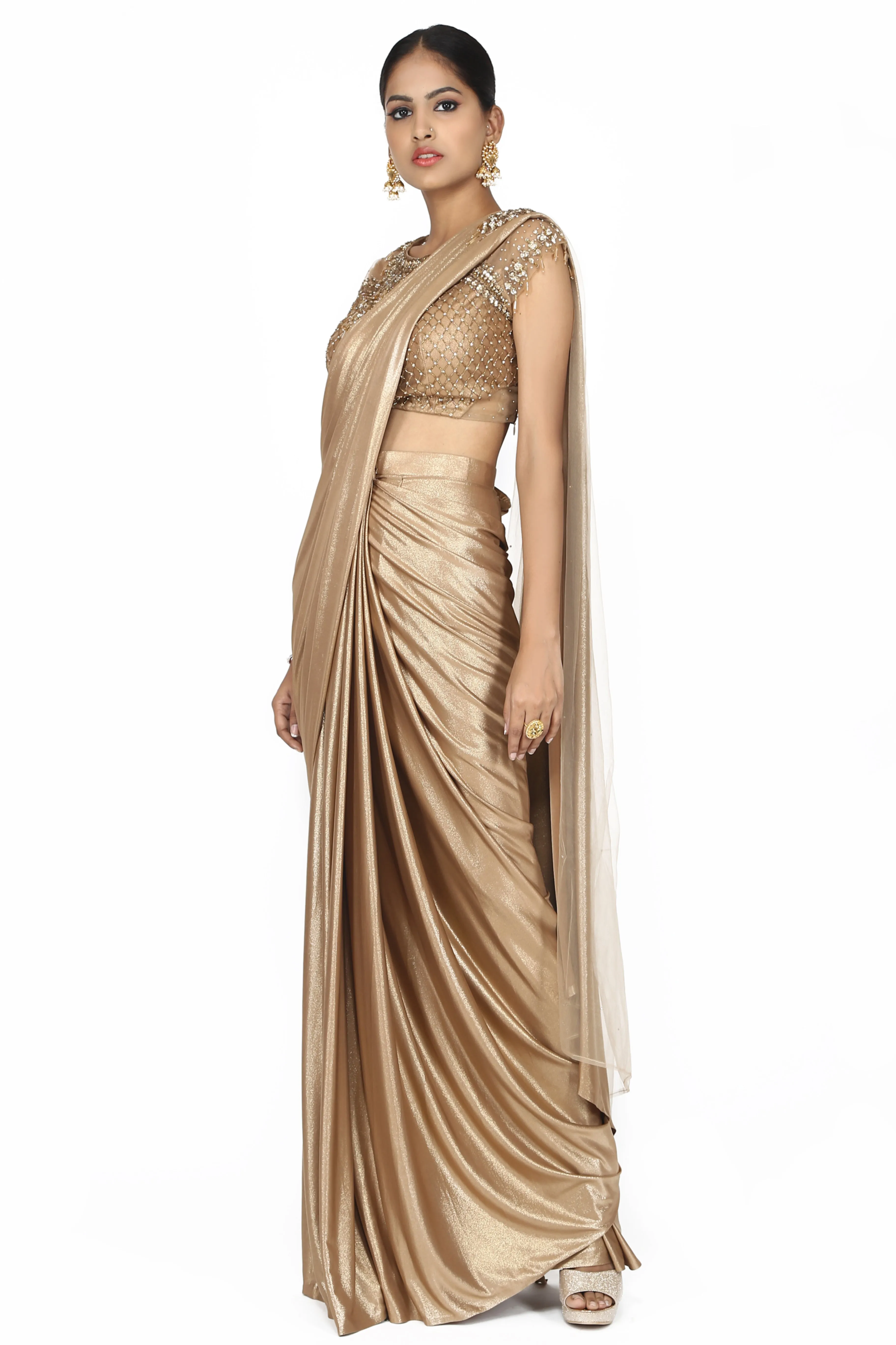 Golden Beige Pre-Stitched Saree.