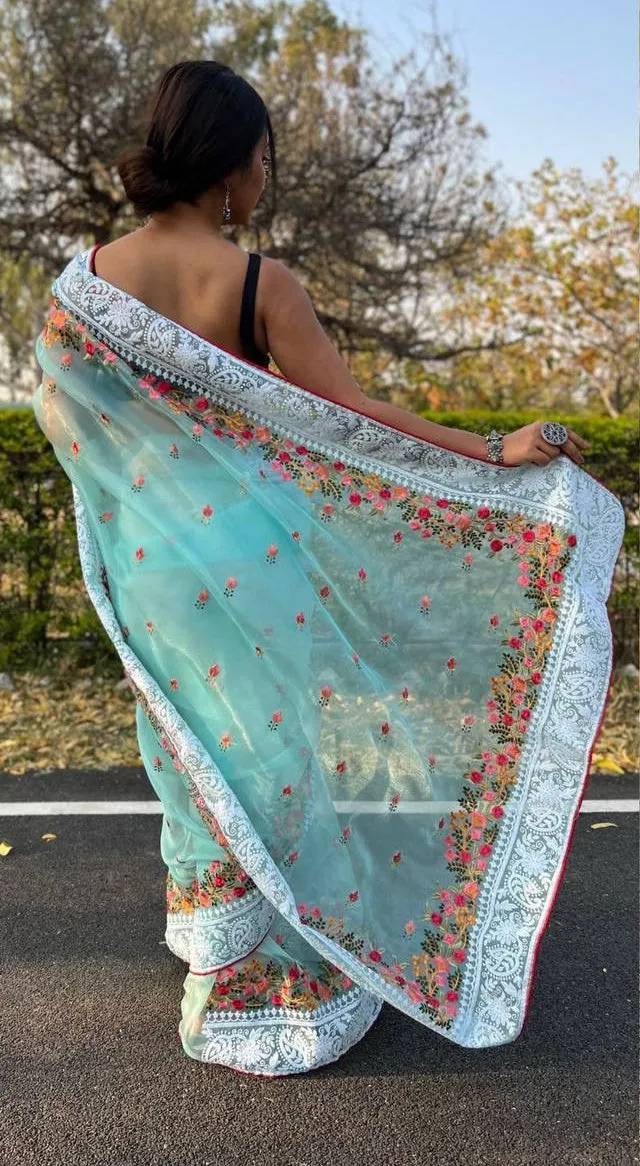 Gorgeous Sky Blue Colored Soft Silk Designer Viscose Border Sarees For Women