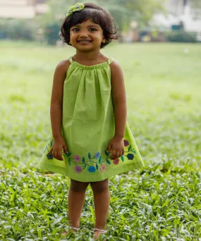 Green handwoven cotton floral embroidery sleeveless dress