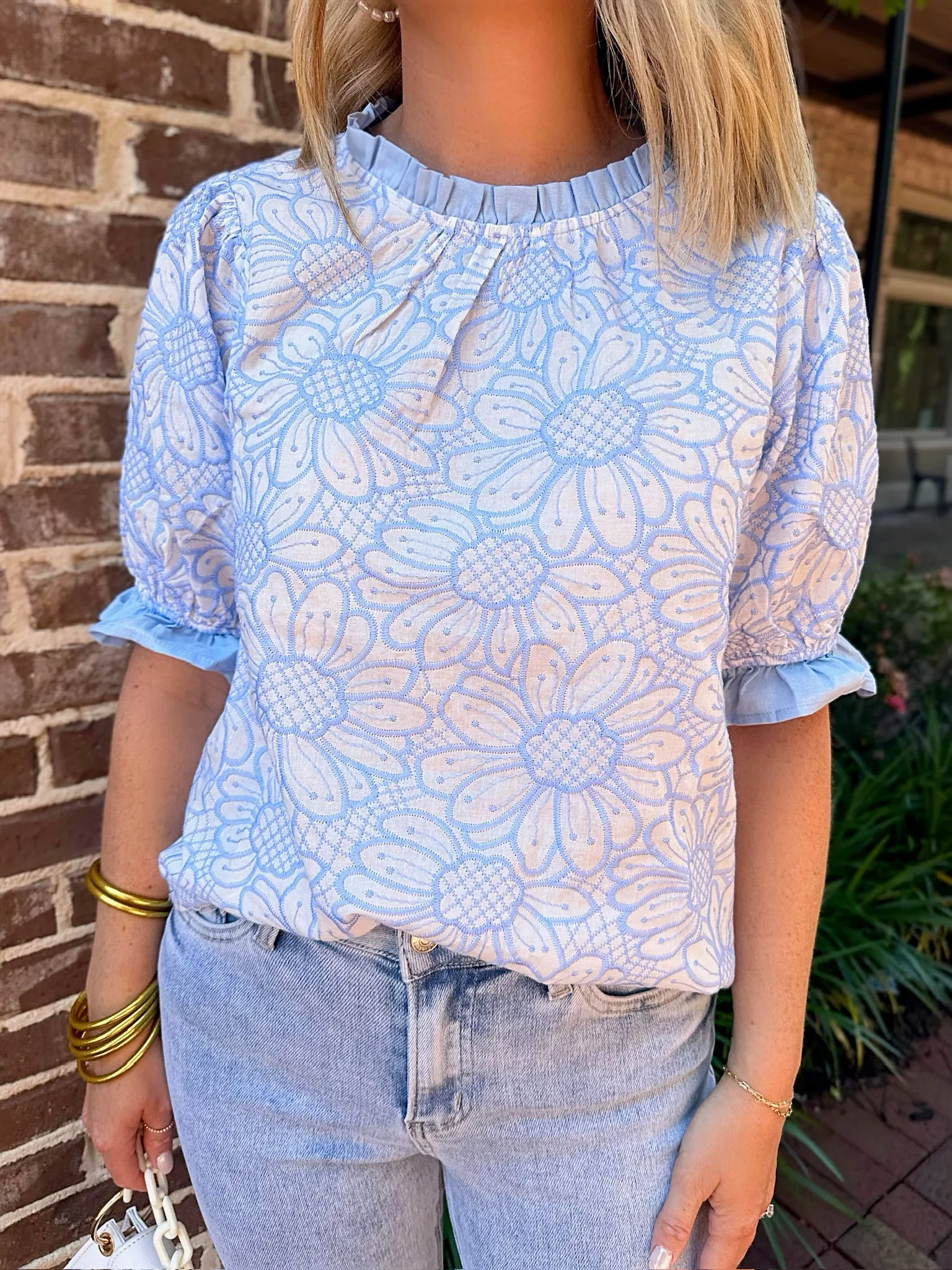 Hard To Believe Contrast Ruffle Embroidered Floral Top