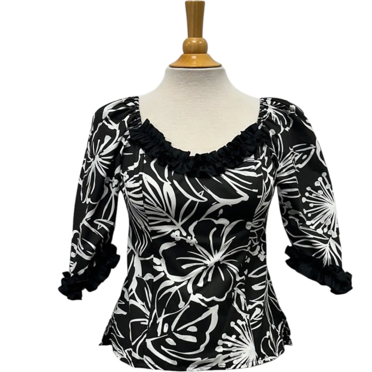 Hawaiian Half  Sleeve Blouse With Ruffles | Black Hibiscus - 286B