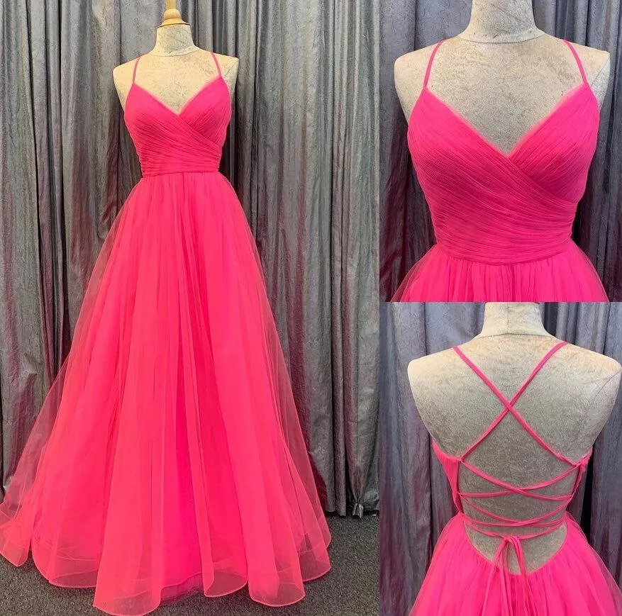 Hot Pink Lace-Up Back Pleated A-line Long Prom Dress  PC1351