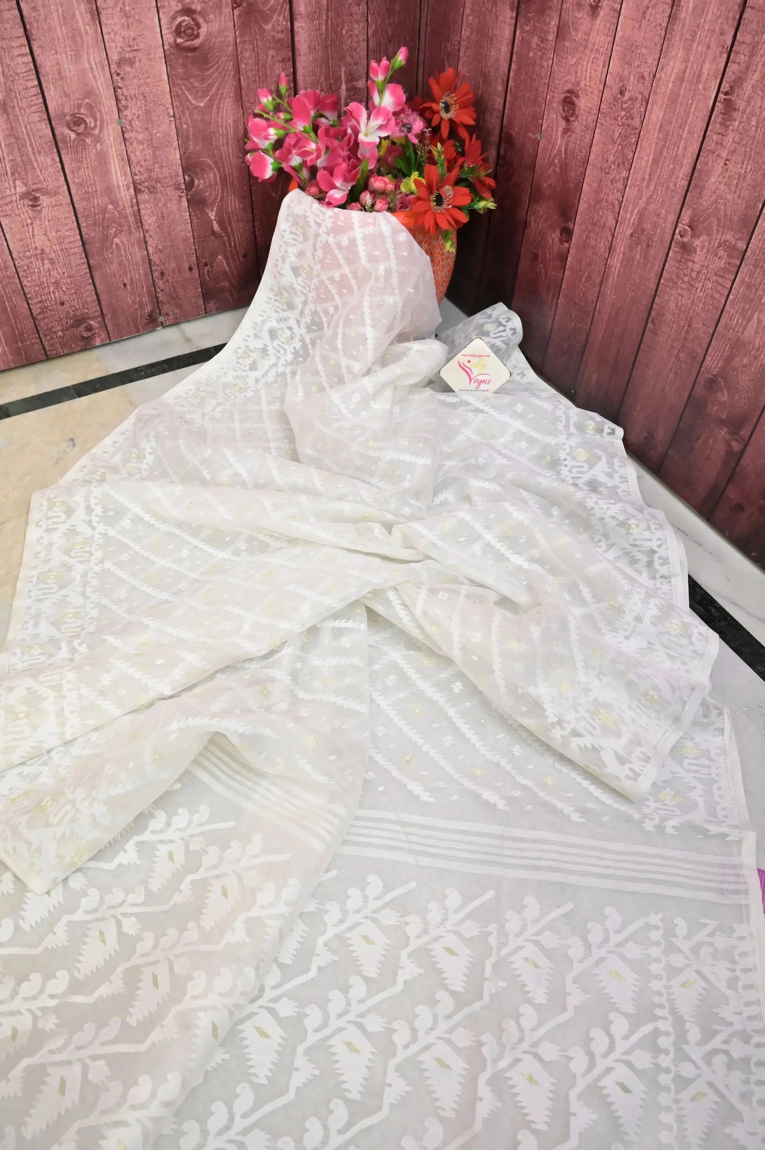 Ivory White Color Jamdani Saree with Self Weaving