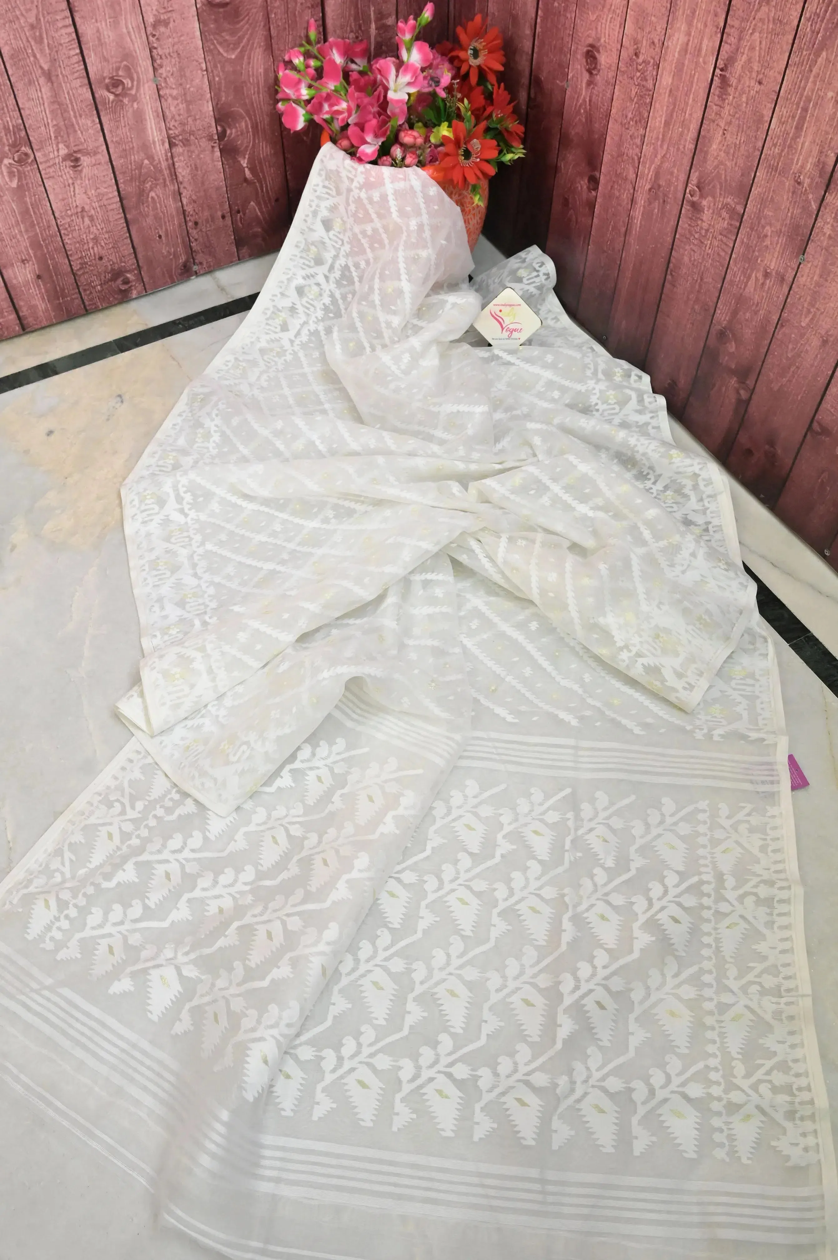 Ivory White Color Jamdani Saree with Self Weaving