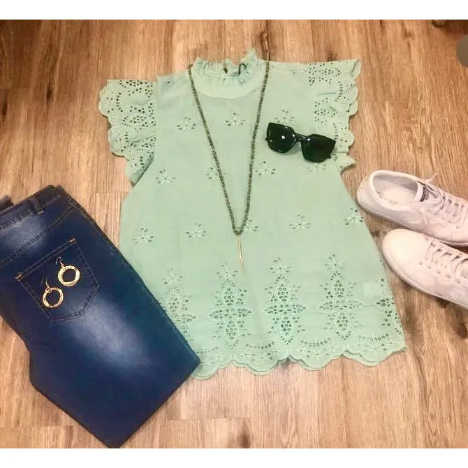 Jenny Mint Eyelet Ruffle Sleeve THML Top-SALE