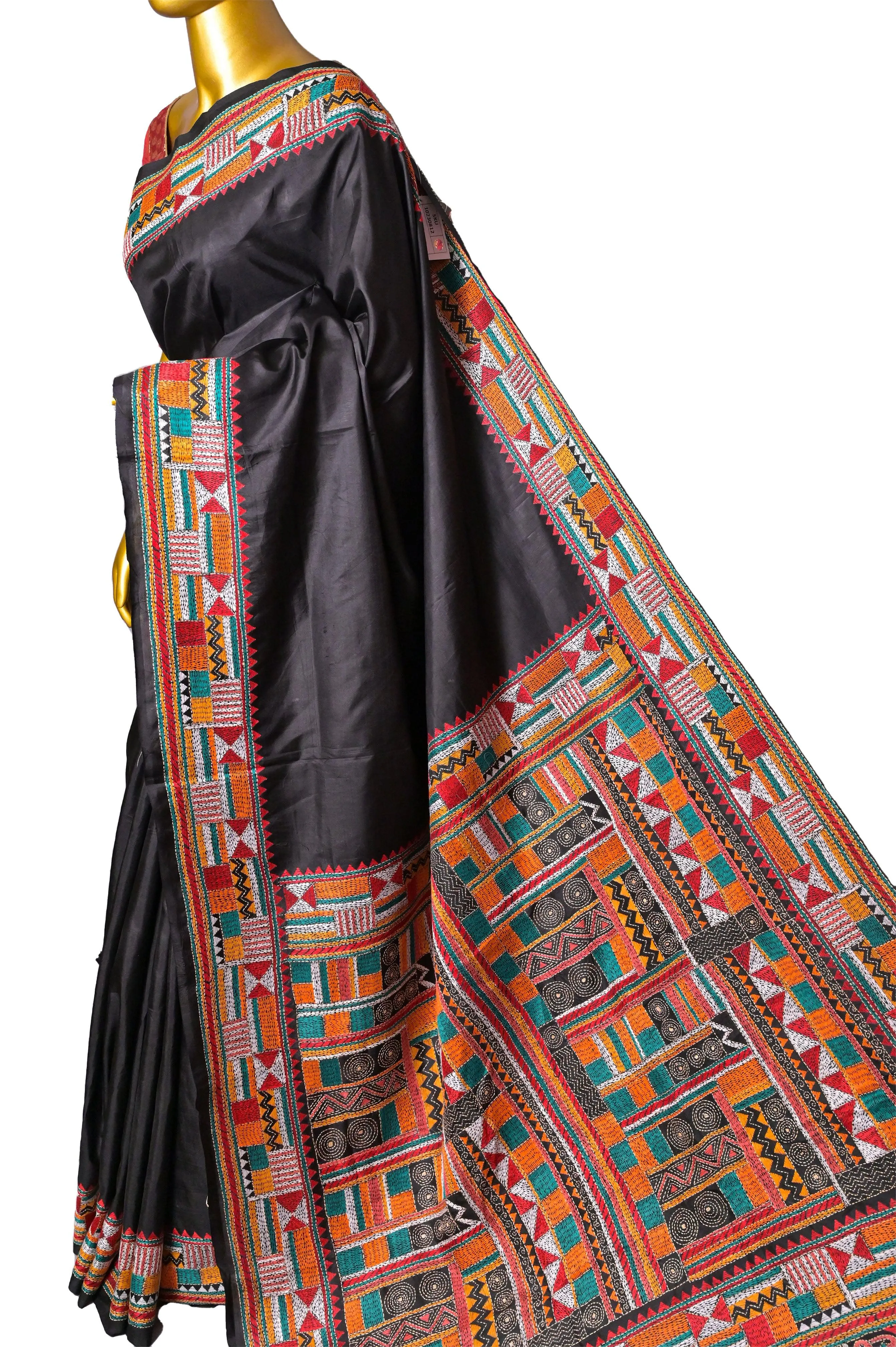 Jet Black Color Bangalore Silk Saree with Hand Kantha Stitch Embroidery Work