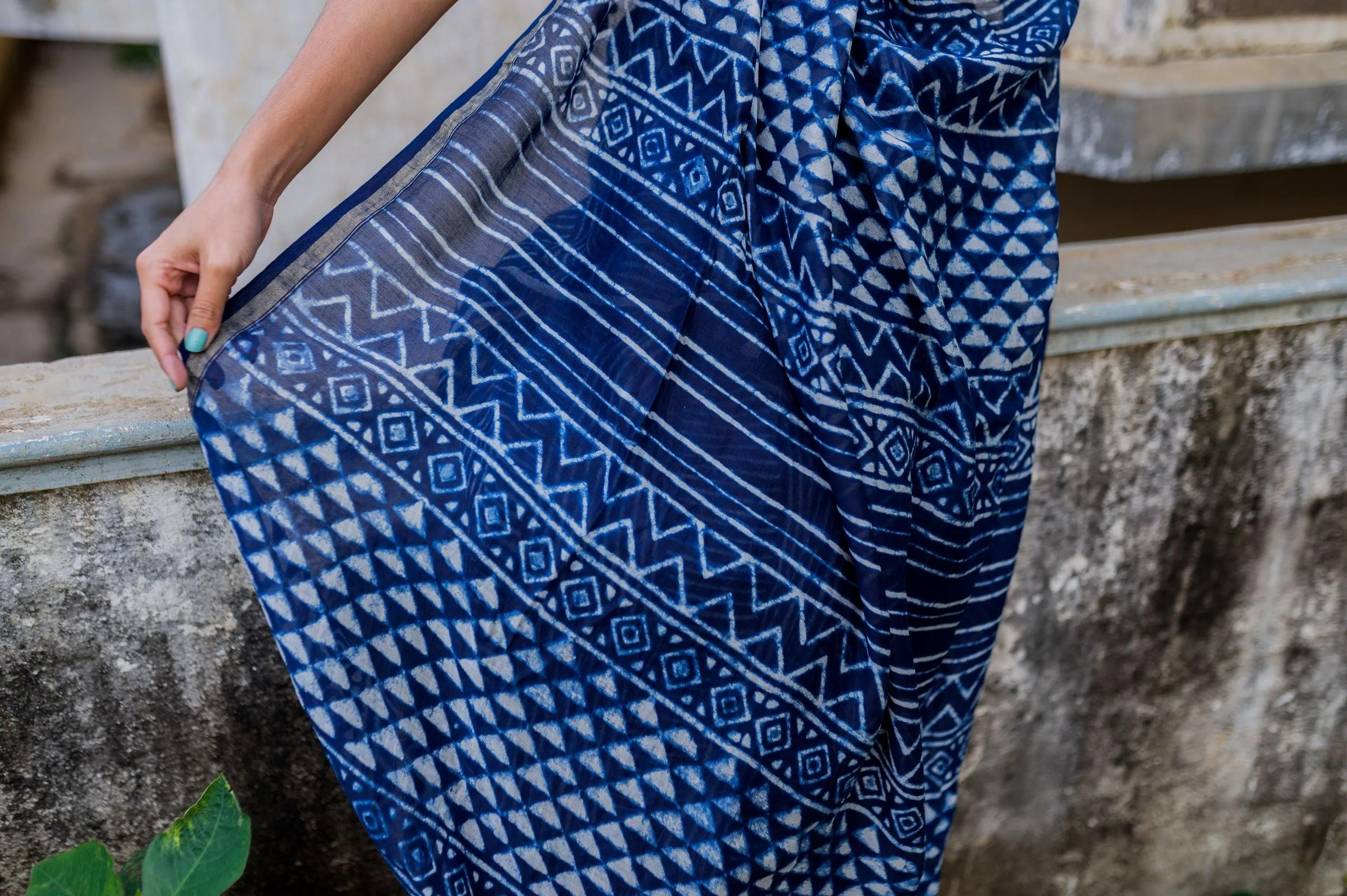 Kaisori Malhar - Dabu Stripes Indigo Silk Cotton saree