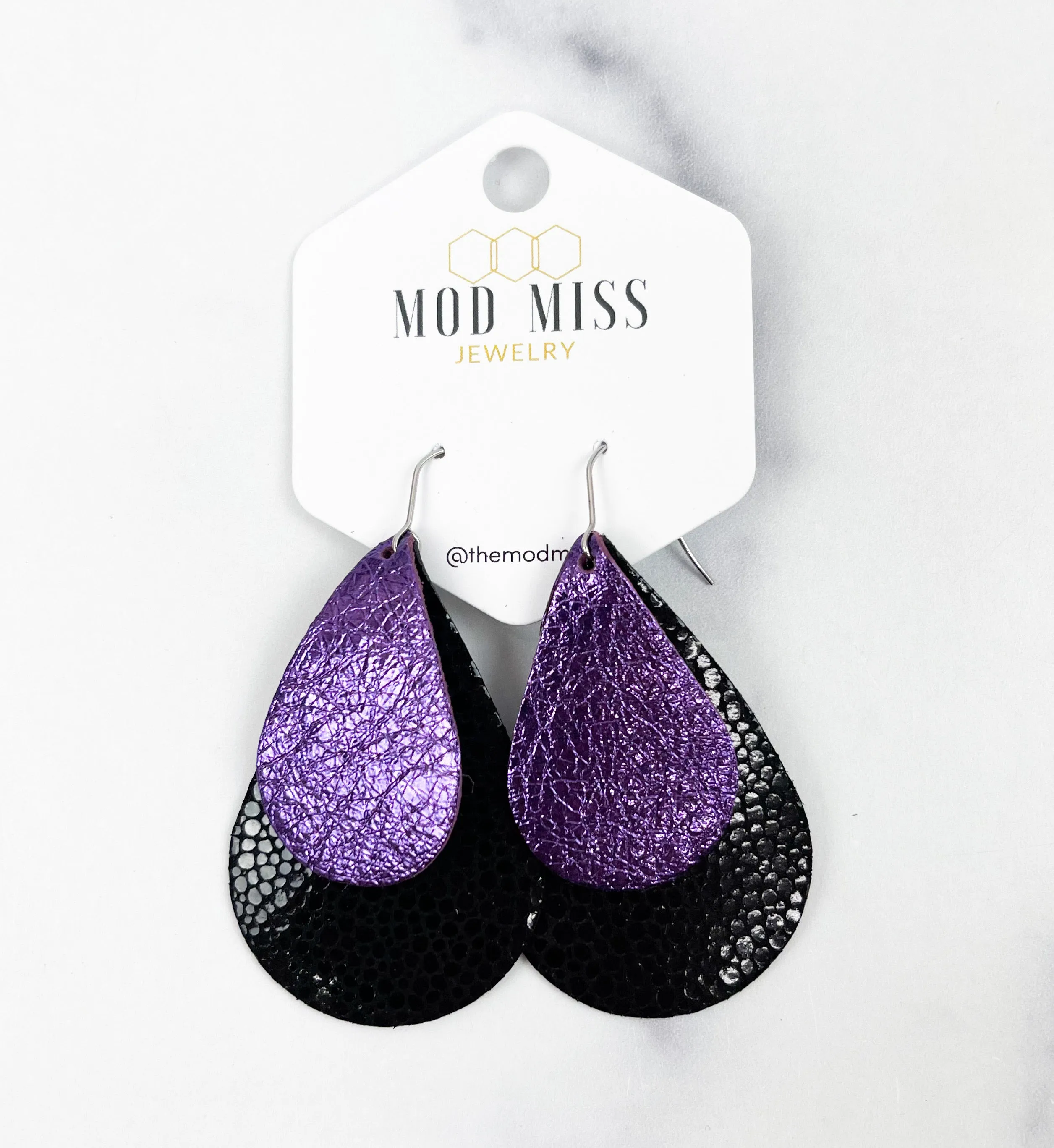 Leather Stacked Teardrop Earring Metallic Purple   Stingray Black